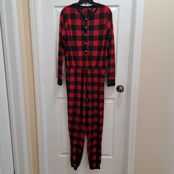 La Vie En Rose Buffalo Plaid Pajamas Onesie Pj's Red Black Women's Small Cozy - Picture 12 of 14